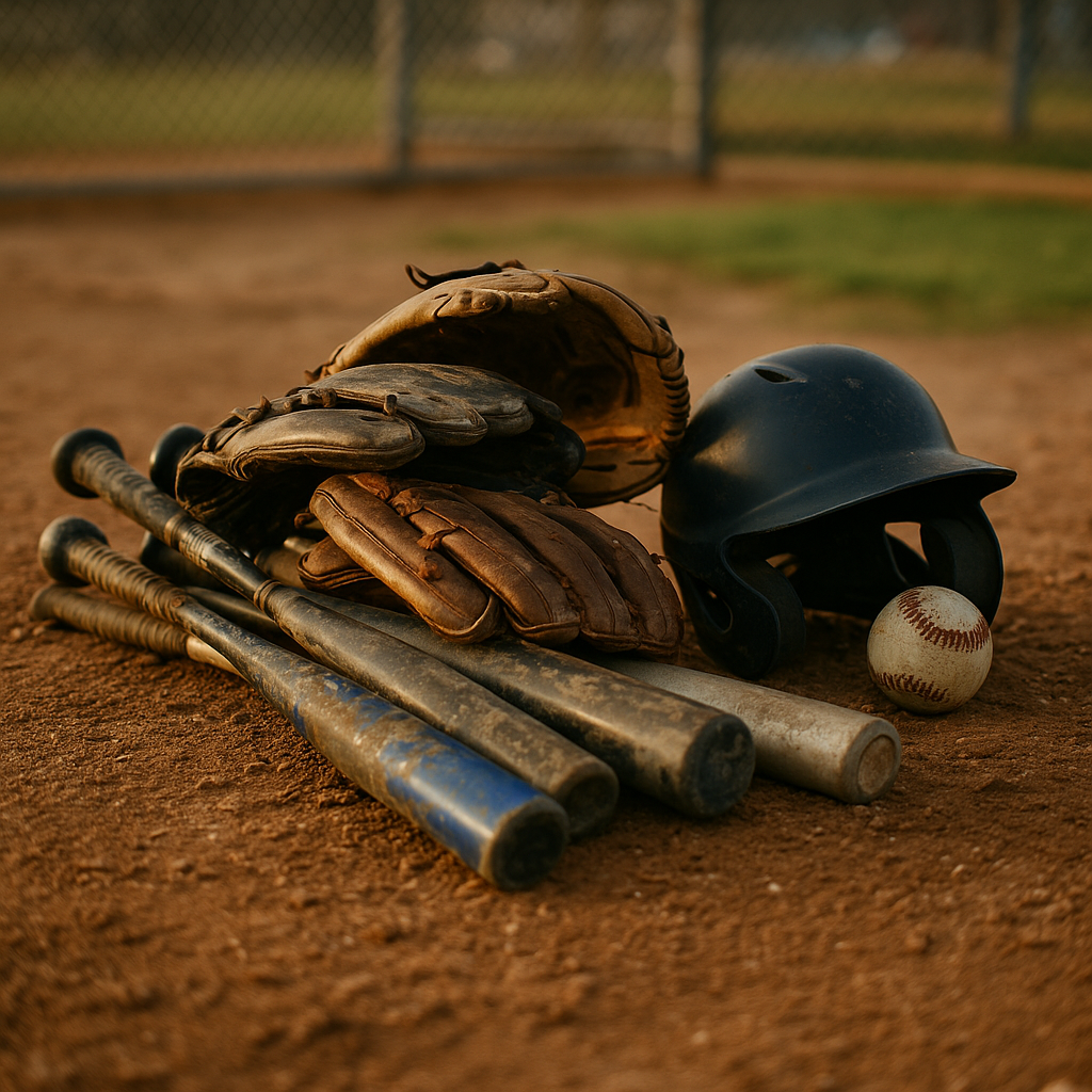 Baseball equipment including bats, gloves, helmet and ball on field