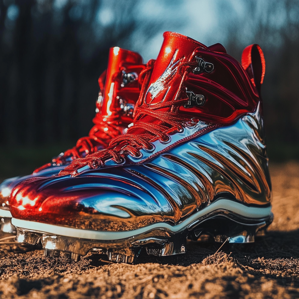 High-performance red and blue baseball cleats on dirt field