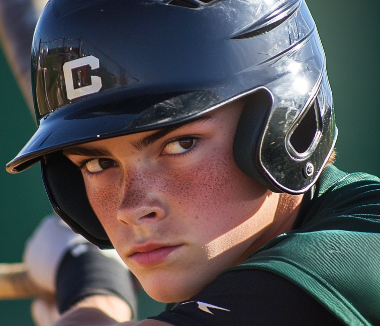 High school baseball player mid-swing with DeMarini BBCOR bat making contact with baseball