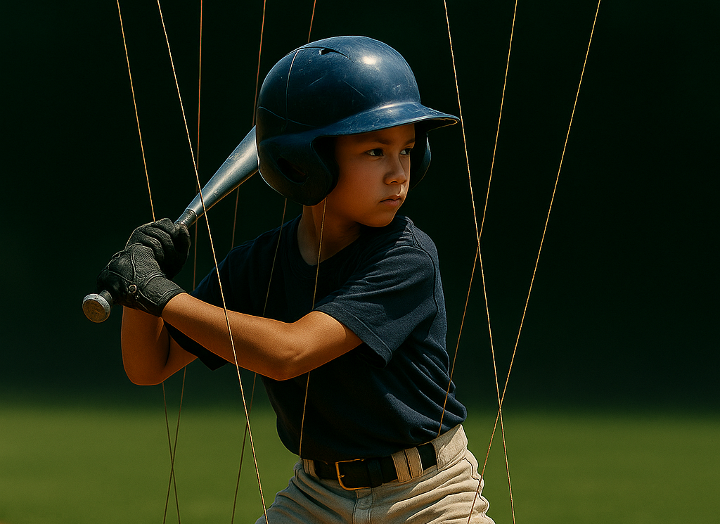 Baseball player with marionette strings showing training mechanics